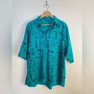 Rare Tianello TENCEL™ Men's S.S. Camp Shirt Caligraphy Billie Print Size 1X Teal